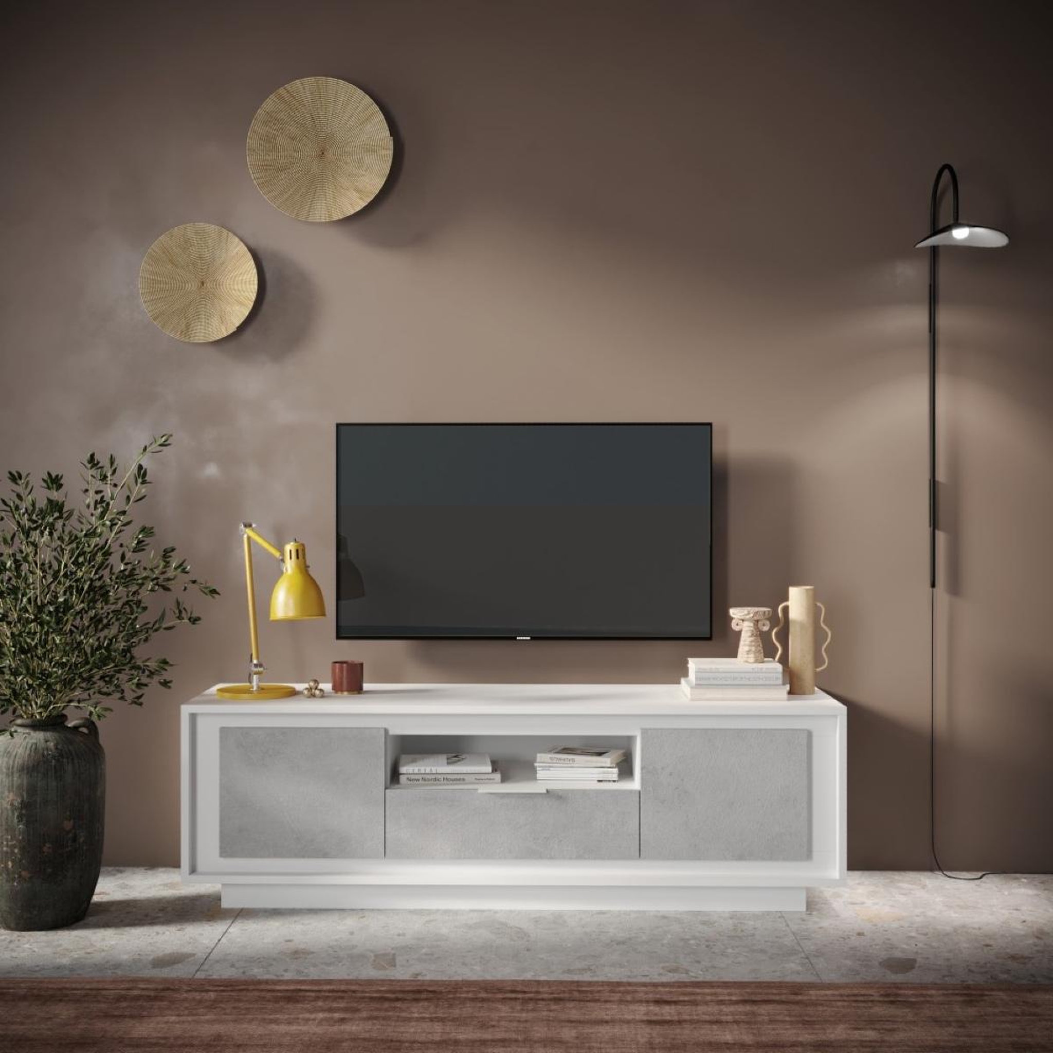 Voir la diapositive 2 : JLC KREATION Banc tv moderne 180cm blanc et gris béton yori