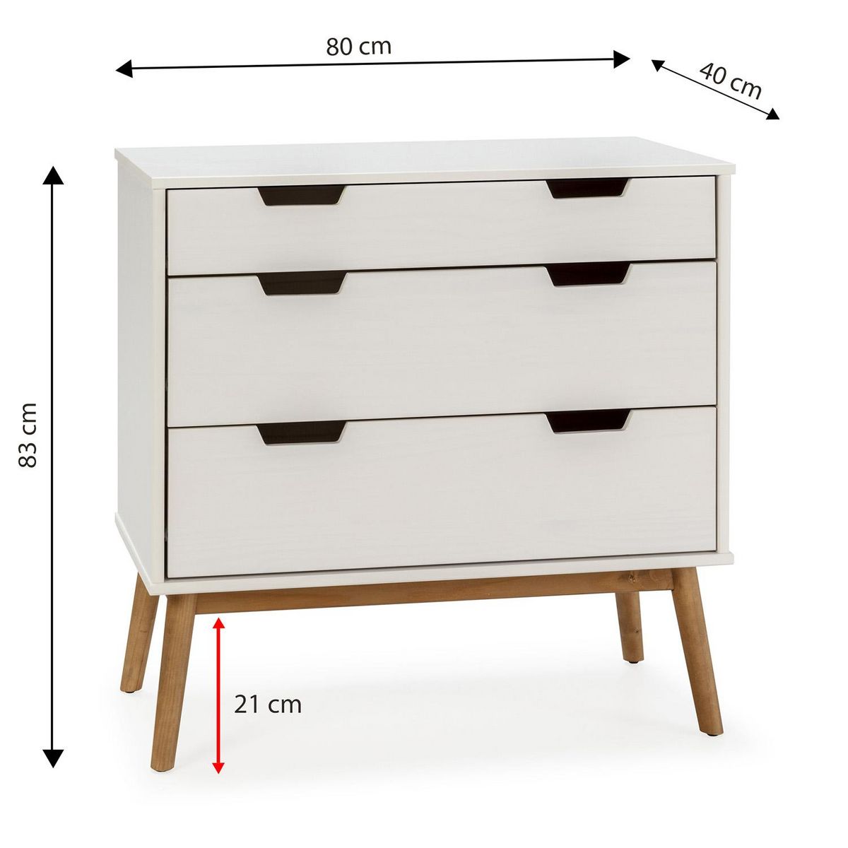 VS VENTA-STOCK Commode Baku 3 tiroirs couleur blanc, 80 cm longueur