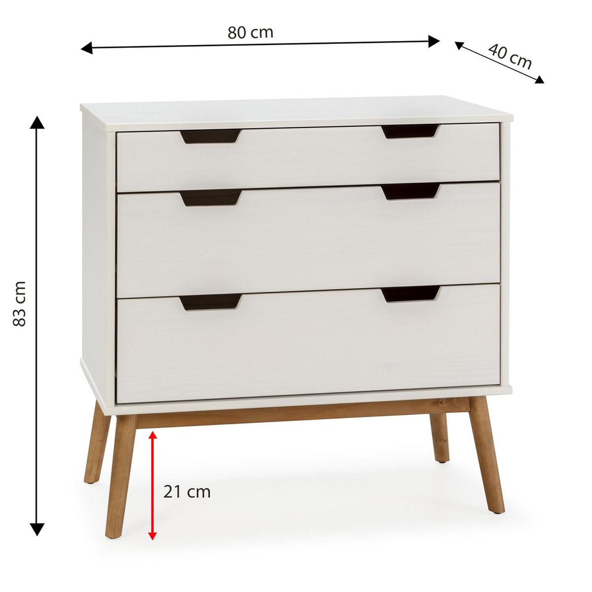 VS VENTA-STOCK Commode Baku 3 tiroirs couleur blanc, 80 cm longueur