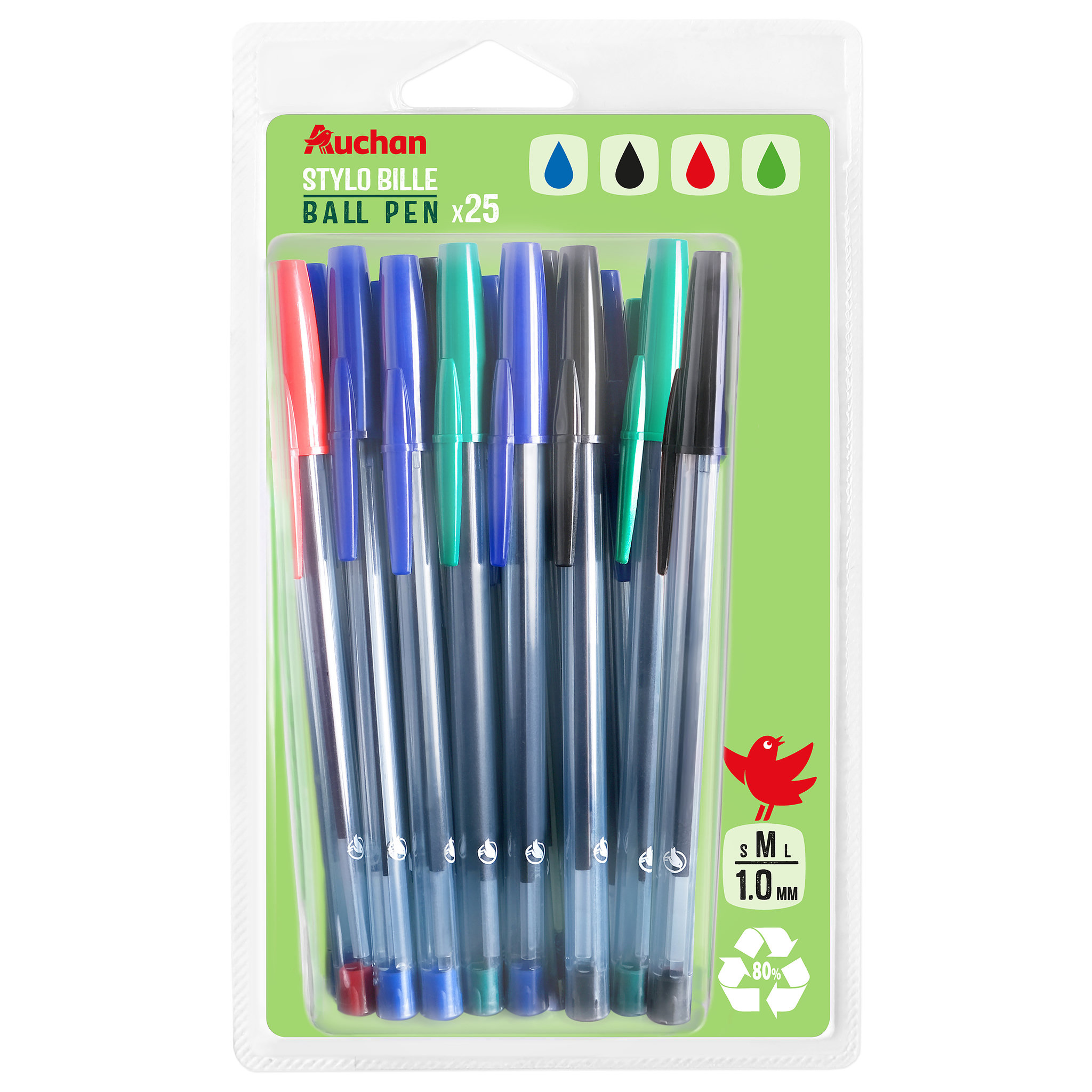 AUCHAN Lot de 25 stylos bille coloris assortis pointe moyenne 1 mm en bouteille recyclée