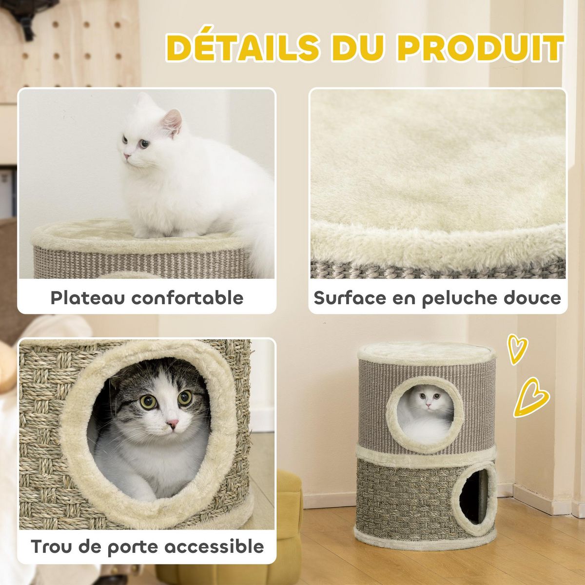 PAWHUT Arbre à chat cylindrique - tour à griffer pour chat - arbre à chat tour - tonneau griffoir - 2 niches + plateforme - sisal corde d'algues beige