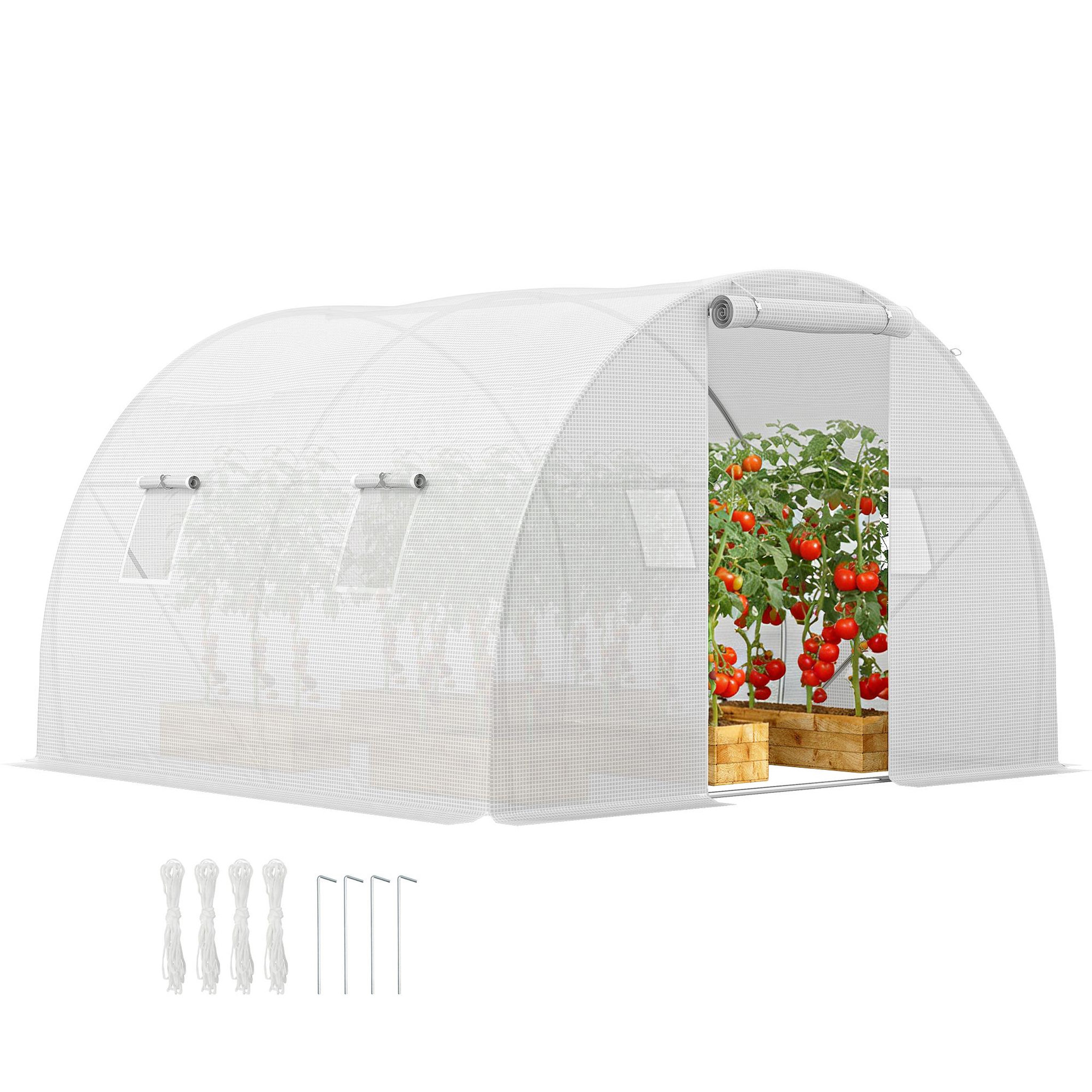 OUTSUNNY Serre de jardin tunnel 4 fenêtres acier galvanisé bâche PE blanc