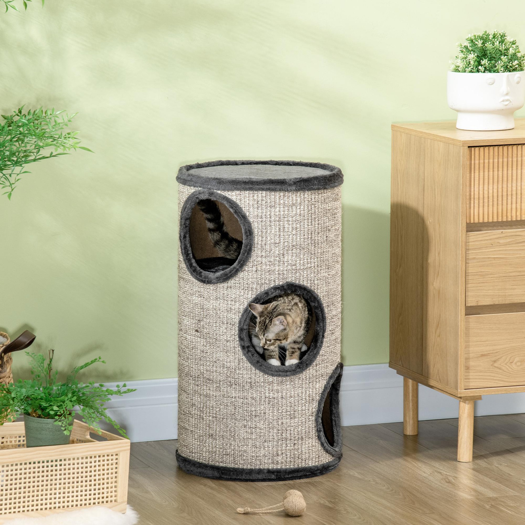 Voir la diapositive 5 : PAWHUT Arbre à chat cylindrique - tour à griffer pour chat - tonneau griffoir - 3 niveaux + plateforme - sisal peluche anthracite