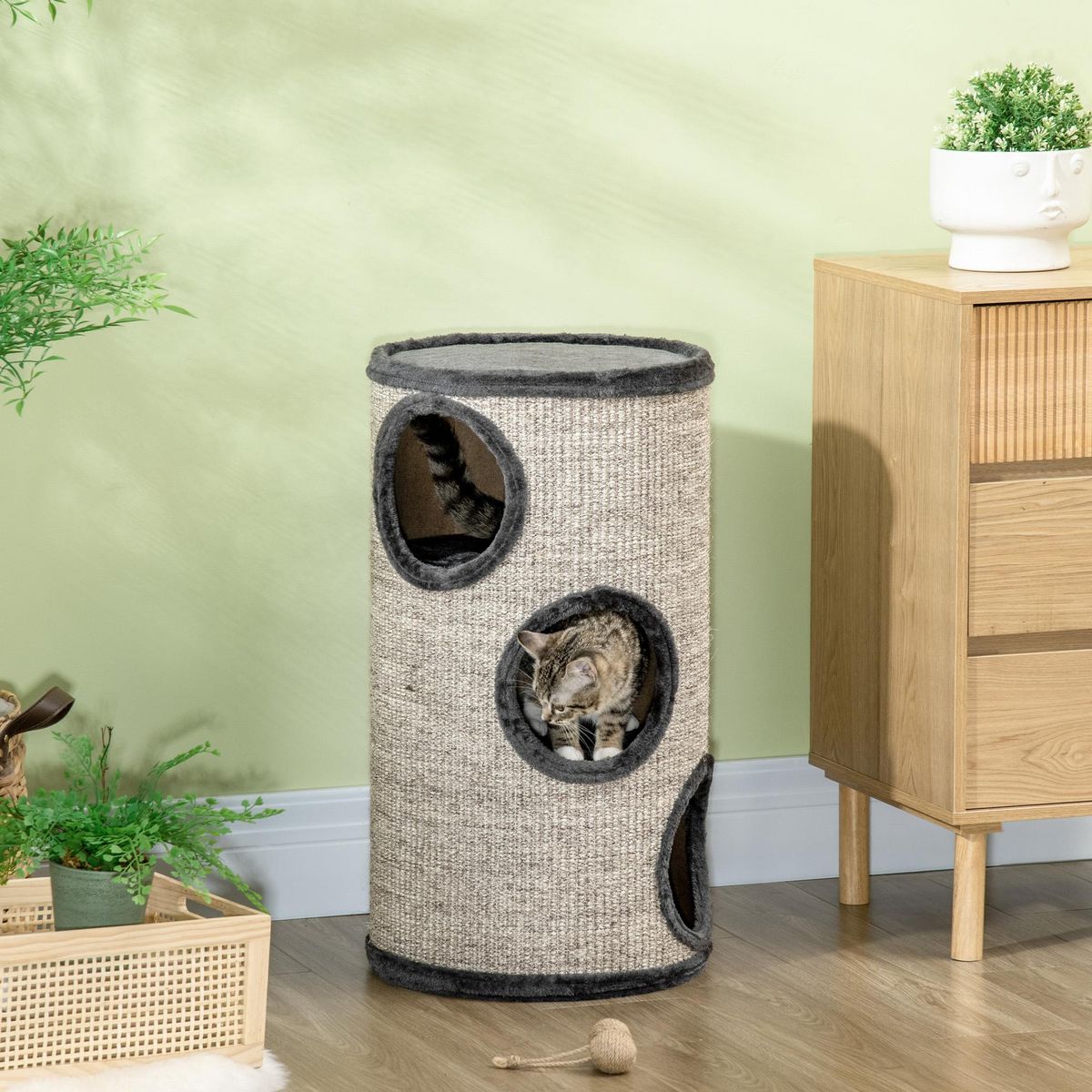 PAWHUT Arbre à chat cylindrique - tour à griffer pour chat - tonneau griffoir - 3 niveaux + plateforme - sisal peluche anthracite