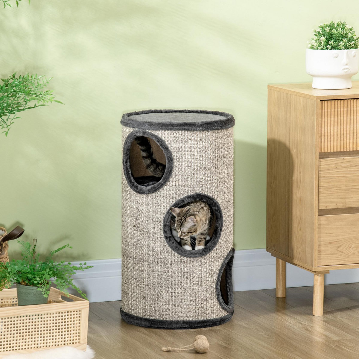 PAWHUT Arbre à chat cylindrique - tour à griffer pour chat - tonneau griffoir - 3 niveaux + plateforme - sisal peluche anthracite