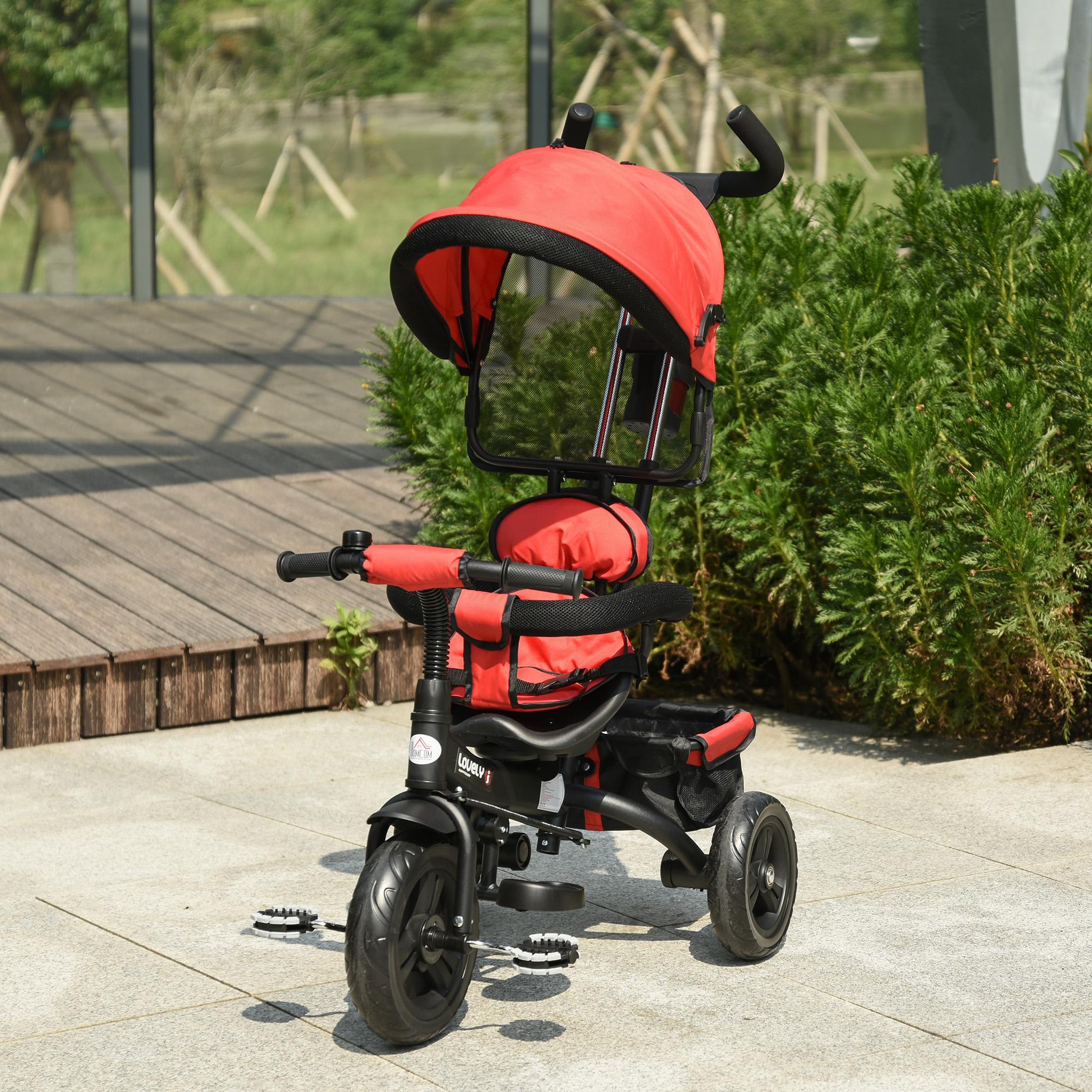 Voir la diapositive 2 : HOMCOM Tricycle enfant évolutif pare-soleil pliable canne  télescopique amovible 92 x 51 x 110 cm acier rouge noir