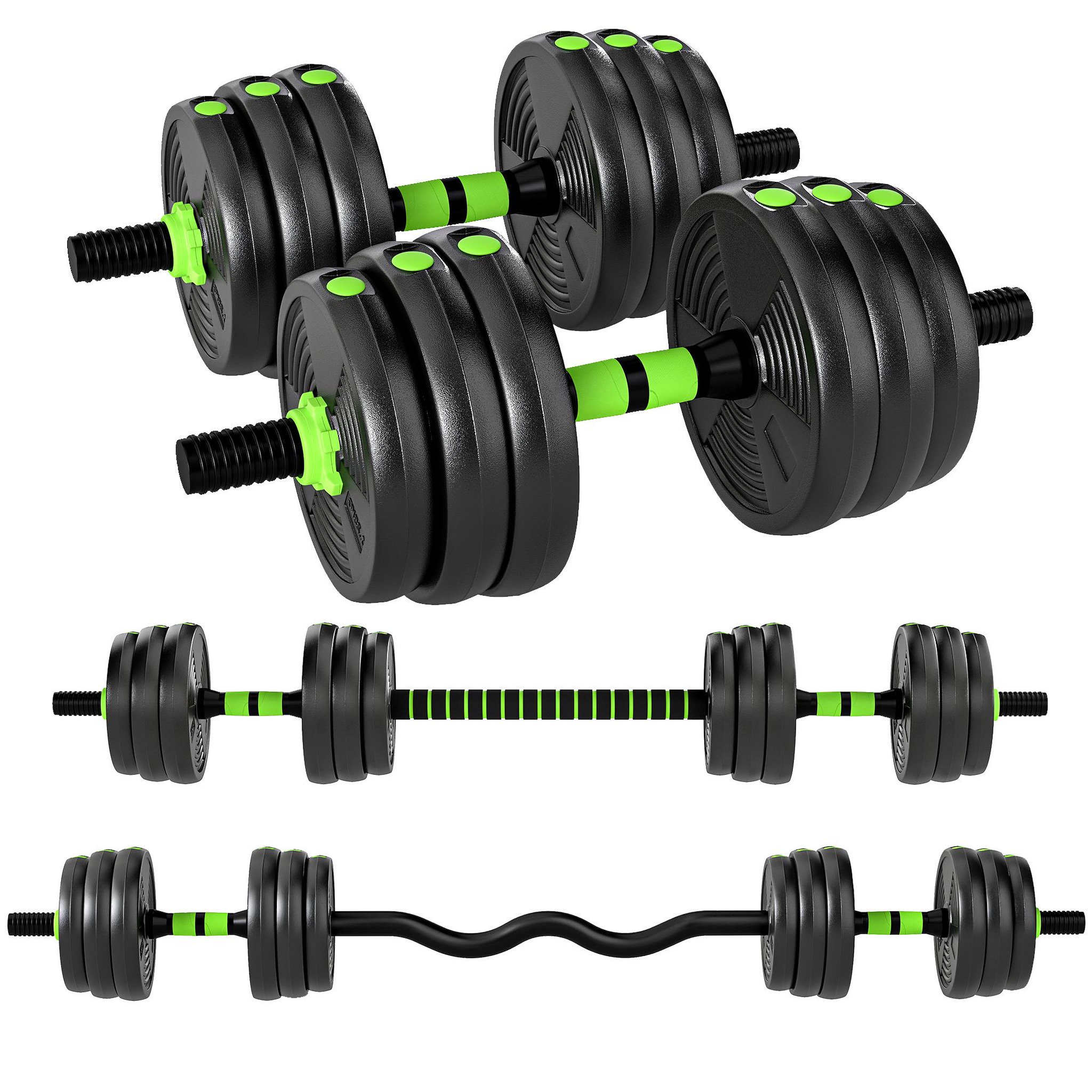 HOMCOM Ensemble d'haltères musculation multifonction 3 en 1 - haltères, olympic barre, curl ez barre - total 20kg - pvc vert noir