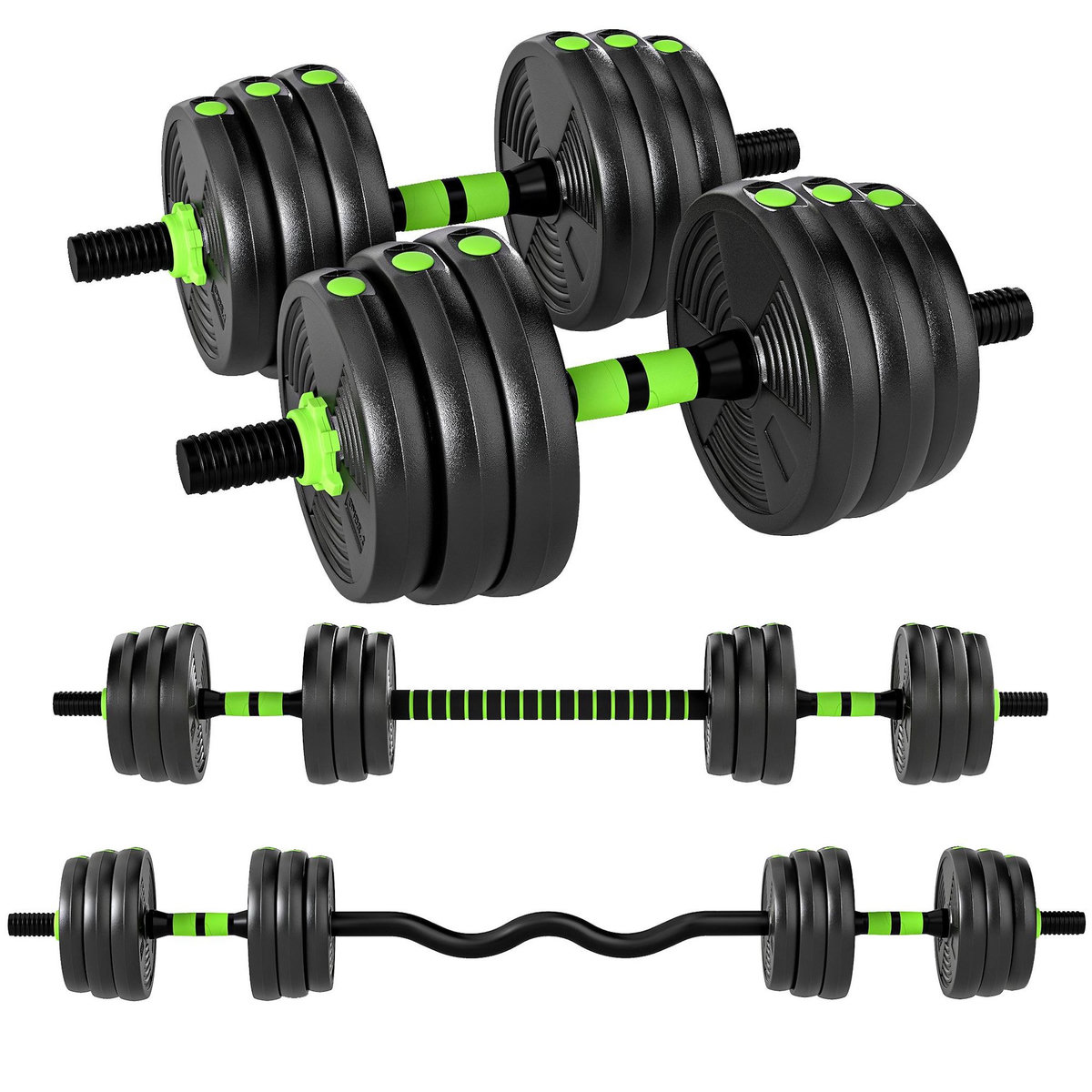 HOMCOM Ensemble d'haltères musculation multifonction 3 en 1 - haltères, Olympic barre, Curl EZ barre - total 20Kg - PVC vert noir