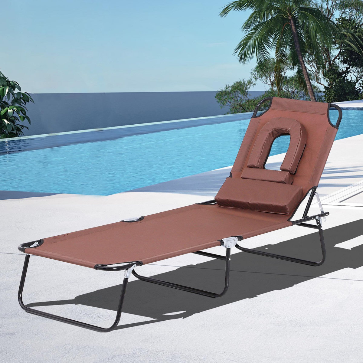 OUTSUNNY Bain de soleil pliable transat inclinable 4 positions chaise longue de lecture 3 coussins fournis marron