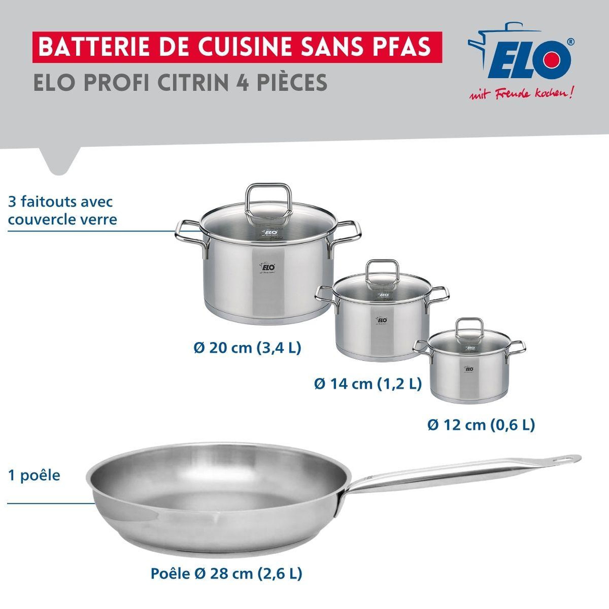 Voir la diapositive 2 : ELO Ensemble de 1 poêle de cuisson 28 cm et 3 faitouts 12, 14 et 20 cm elo profi citrin
