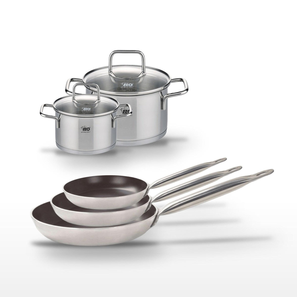 ELO Lot de 3 Poêles 24/28/32 cm Elo Bistro Line & 2 Faitouts 12/16 cm