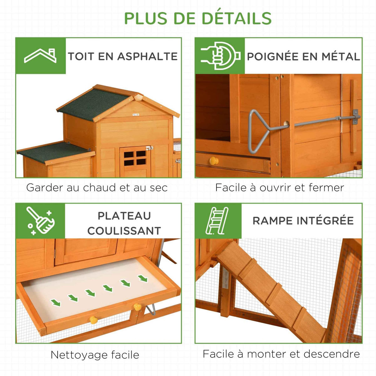 PAWHUT Poulailler surélevé avec enclos et pondoir - nombreux équipements - bois pin pré-huilé