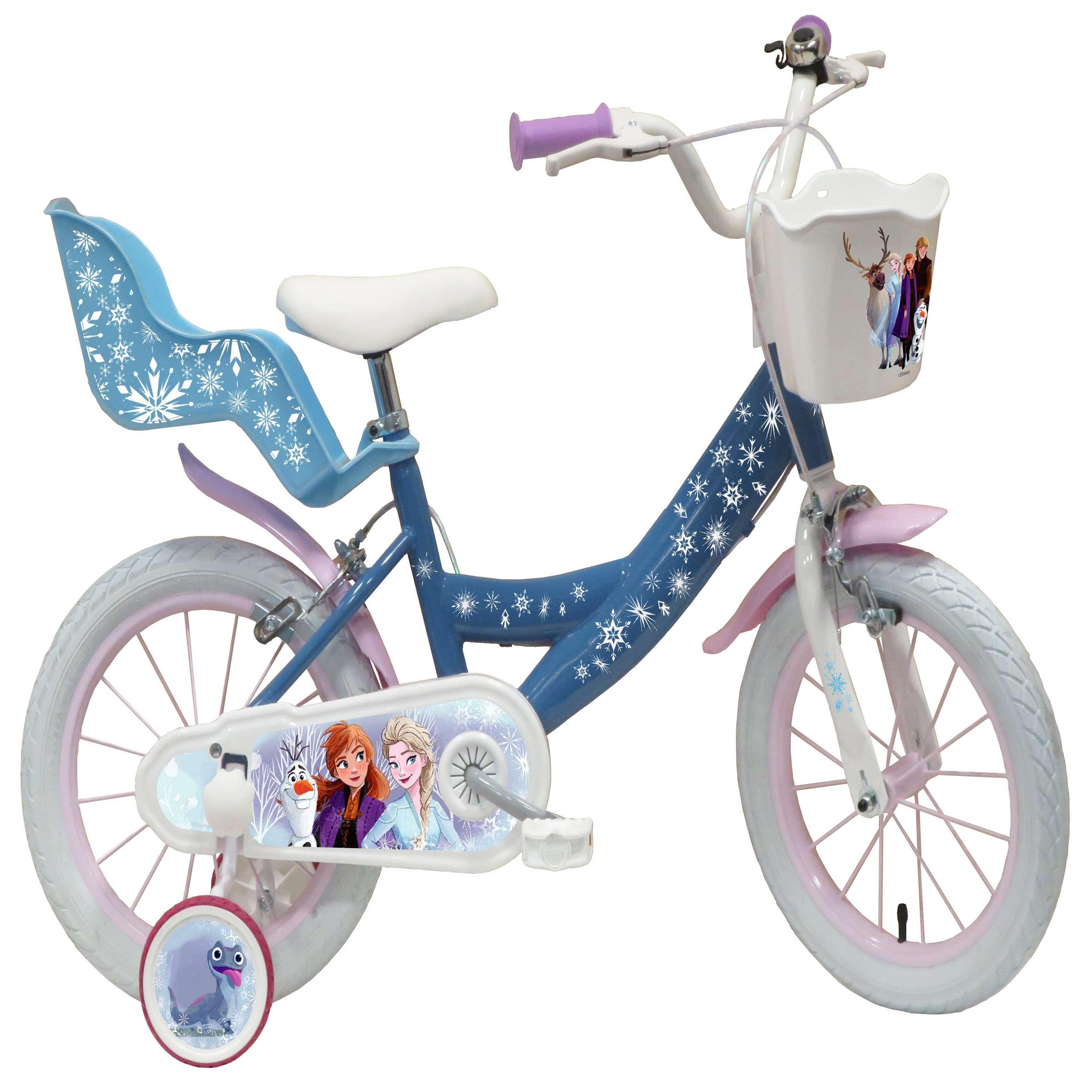 Disney La Reine des Neiges Vélo enfant 14'' - Modèle Reine des neiges  pour enfant de taille 95 à 110 cm  avec stabilisateurs - Panier avant - Porte poupée arrière - 2 freins & pneus gonflables