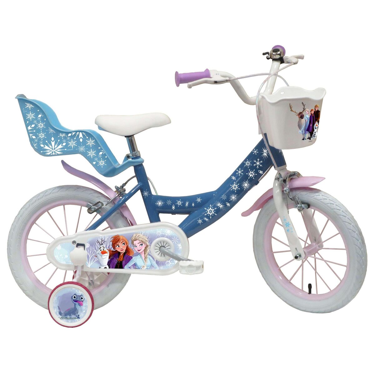 Disney La Reine des Neiges Vélo enfant 14'' - Modèle Reine des neiges  pour enfant de taille 95 à 110 cm  avec stabilisateurs - Panier avant - Porte poupée arrière - 2 freins & pneus gonflables