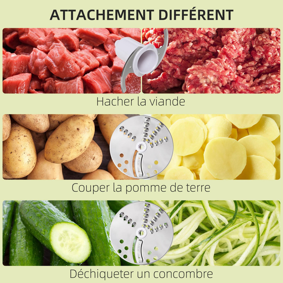 HOMCOM Robot multifonctions 500 W - robot de cuisine polyvalent - robot culinaire 1 L - hachoir, mixeur, trancheur, râpe - 2 vitesses, fonction pulse - acier inox. ABS blanc