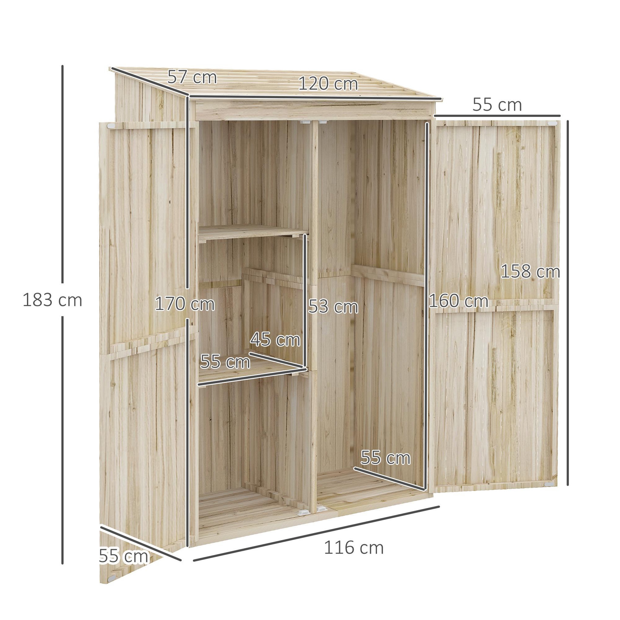 Voir la diapositive 3 : OUTSUNNY Armoire de jardin 2 portes bois - 2 étagères, grand compartiment - 120 x 57 x 183 cm - sapin pré-huilé