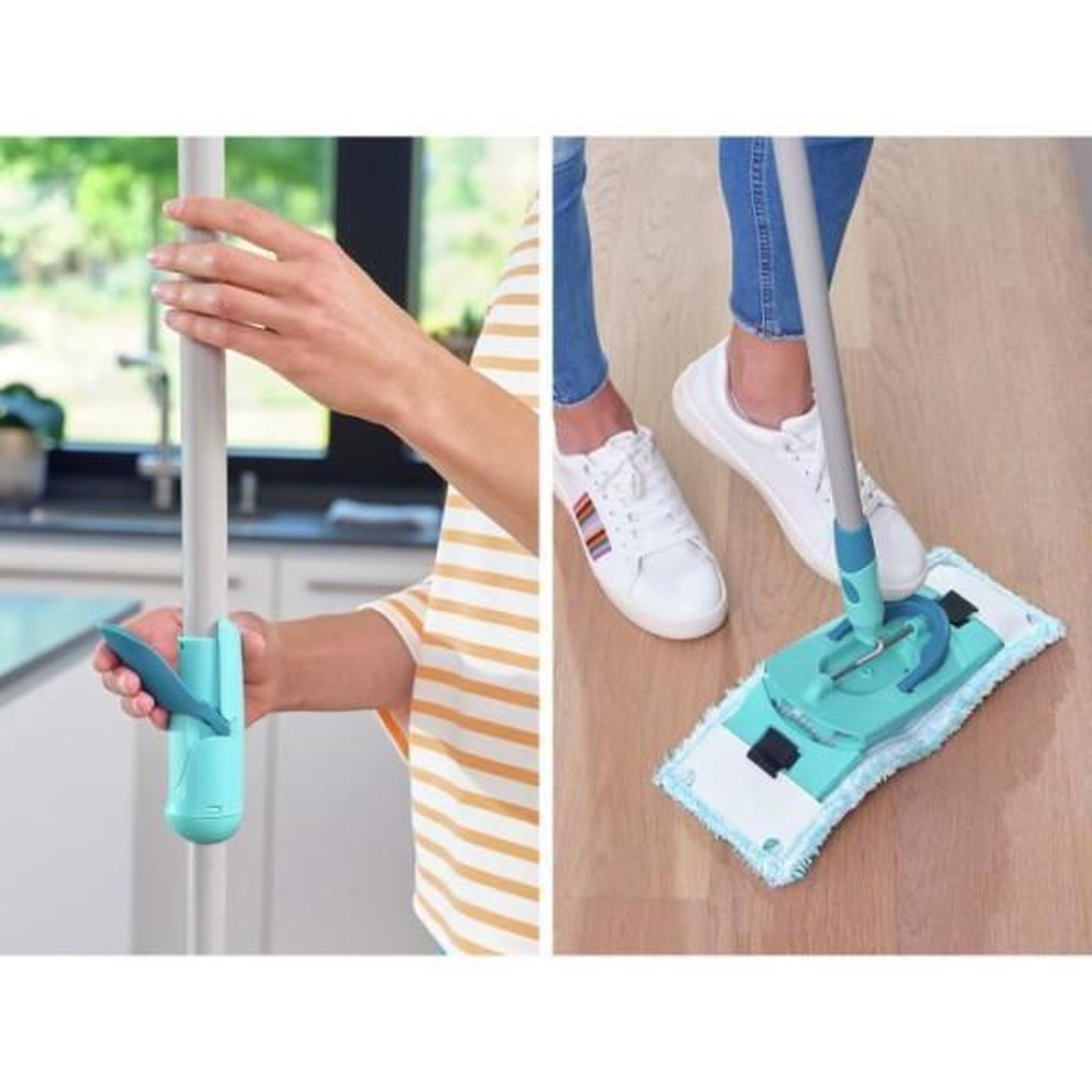 Voir la diapositive 2 : LEIFHEIT Set lave sol avec seau essoreur a roulettes leifheit clean twist ergo 52121, balai serpilliere a plat, manche télescopique 110-