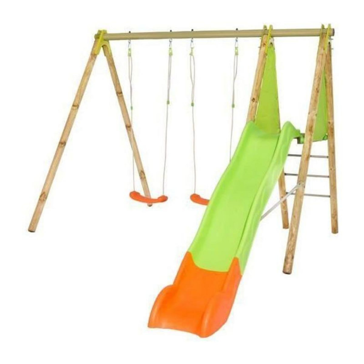 Trigano Portique bois et métal - 2,30m - 2 balançoires et 1 toboggan 2,63m - ARROBA TRIGANO