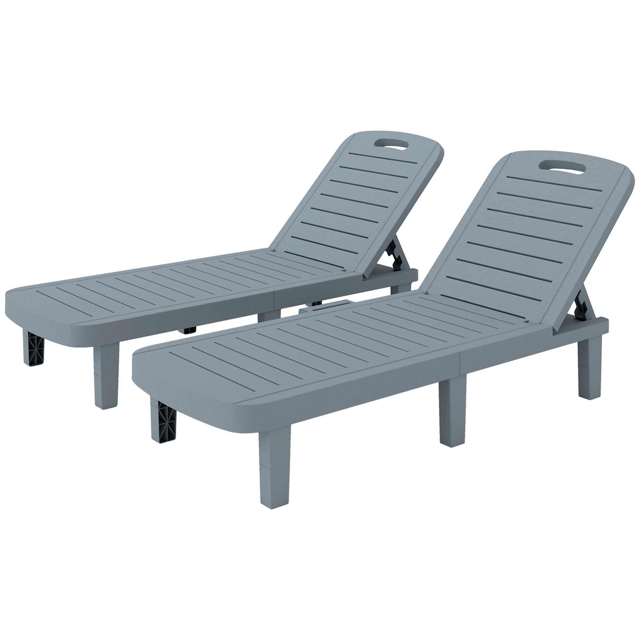 Voir la diapositive 1 : OUTSUNNY Lot de 2 bains de soleil inclinable - plateau rétractable - PP texturé effet bois gris