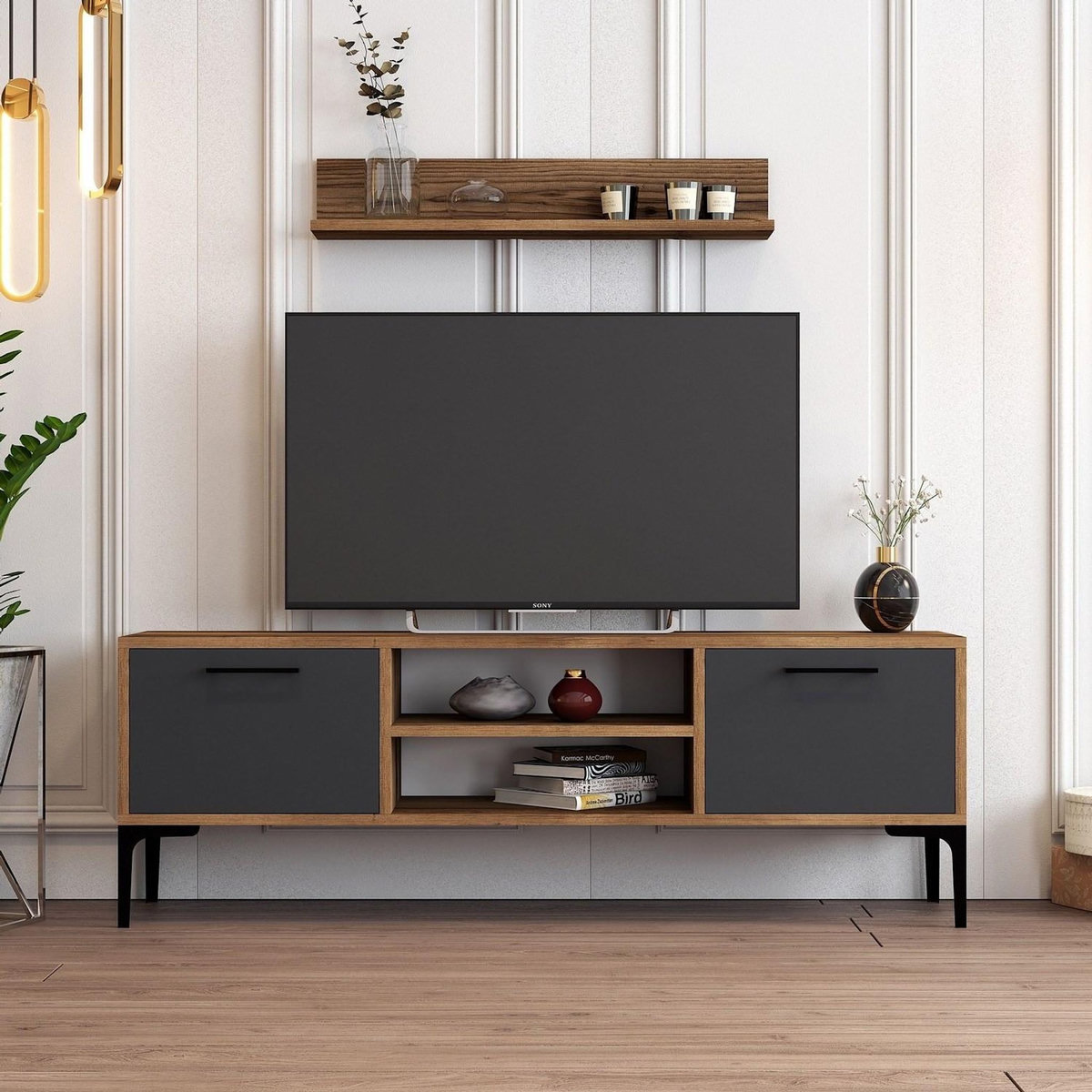 Habitat et Jardin Meuble TV en bois  Riga  - 140 x 30 x 48 cm - NoyerAnthracite