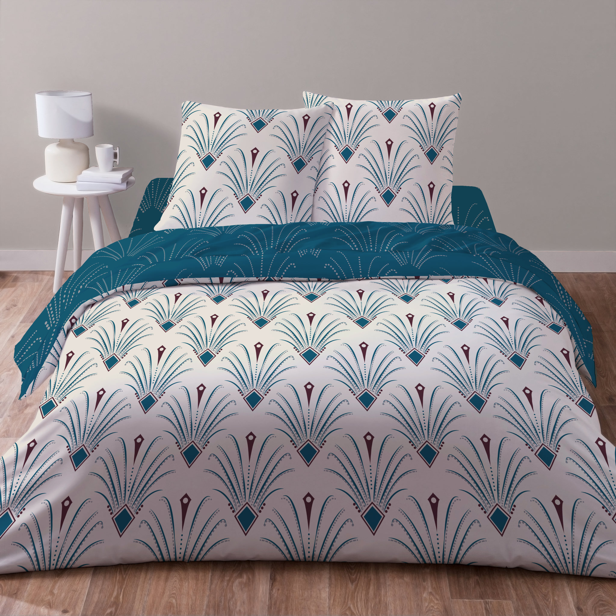 Voir la diapositive 1 : Parure housse de couette en microfibre motif art déco + Drap housse PIAMA