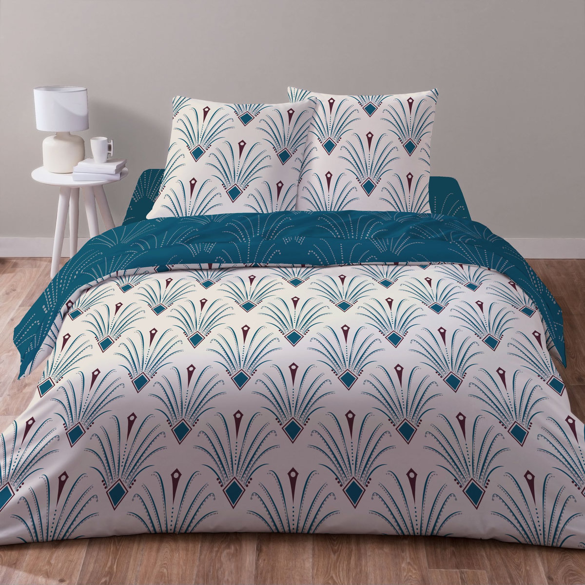 Parure housse de couette en microfibre motif art déco + Drap housse PIAMA