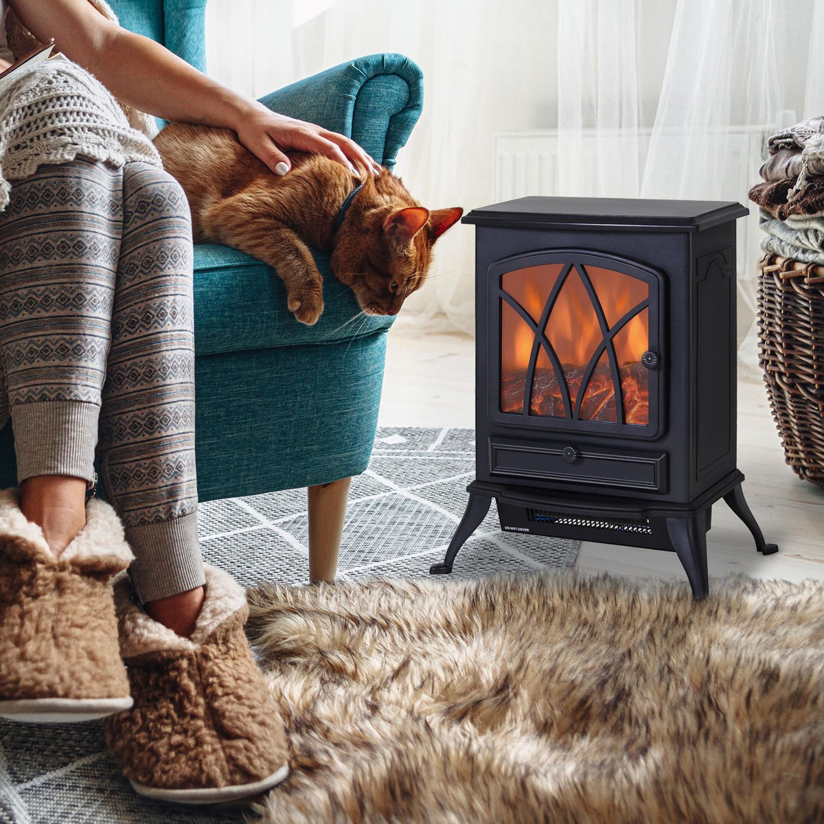 HOMCOM Cheminée électrique poêle style rétro thermostat 1000-2000 W noir