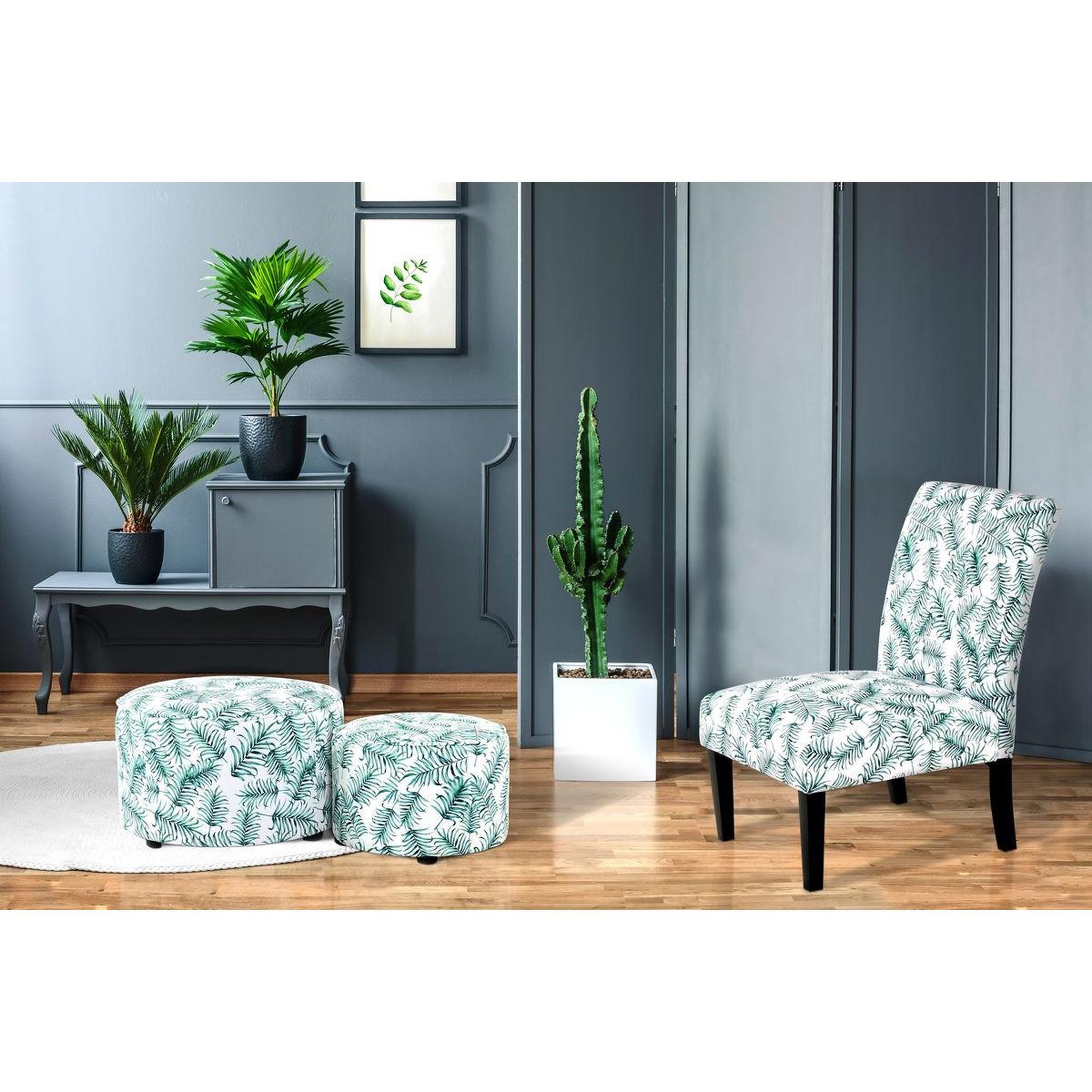 Voir la diapositive 2 : Paris Prix Lot de 2 poufs imprimé  indira  58cm blanc & vert