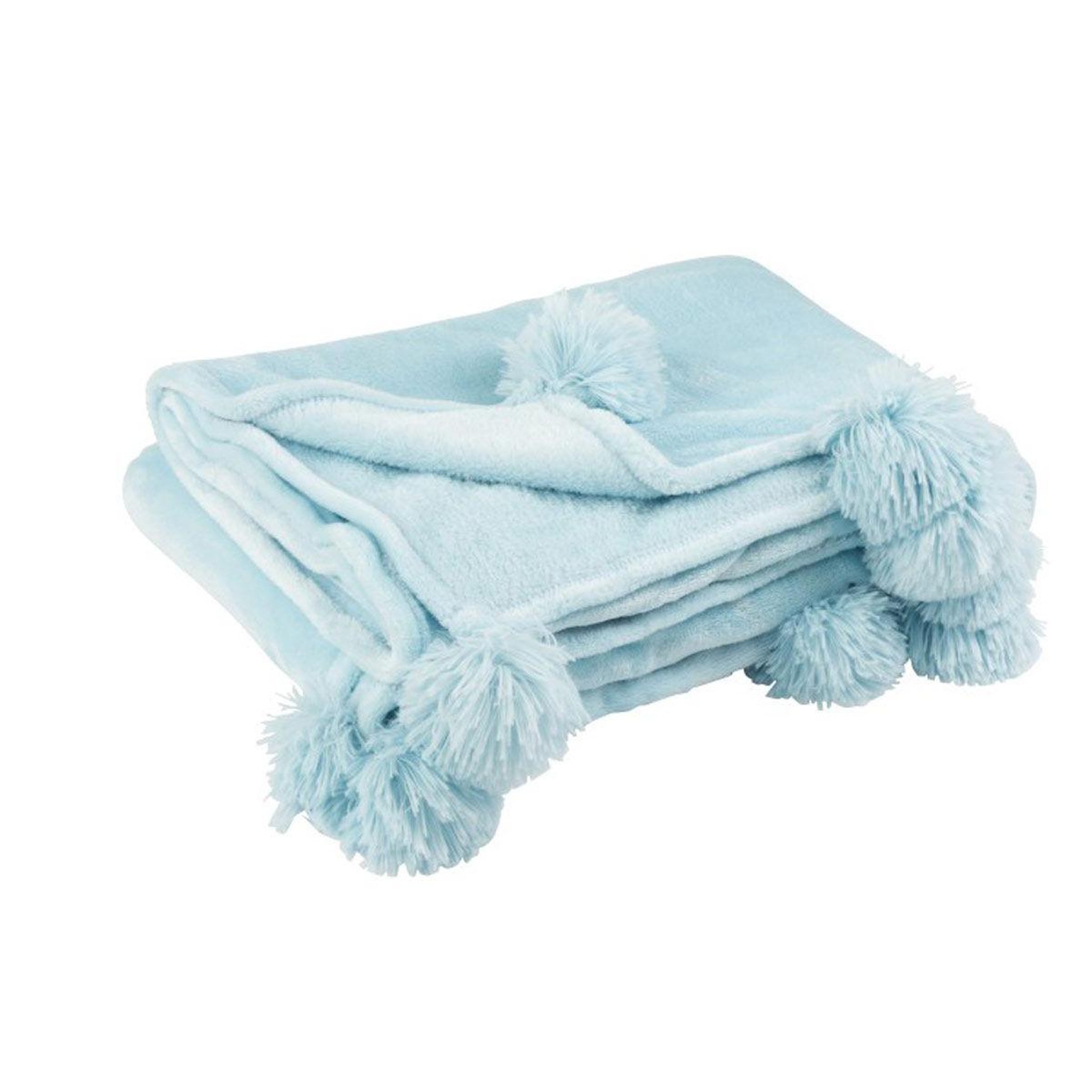 Voir la diapositive 1 : J-LINE Plaid déco à pompons  polyes  130x170cm bleu ciel