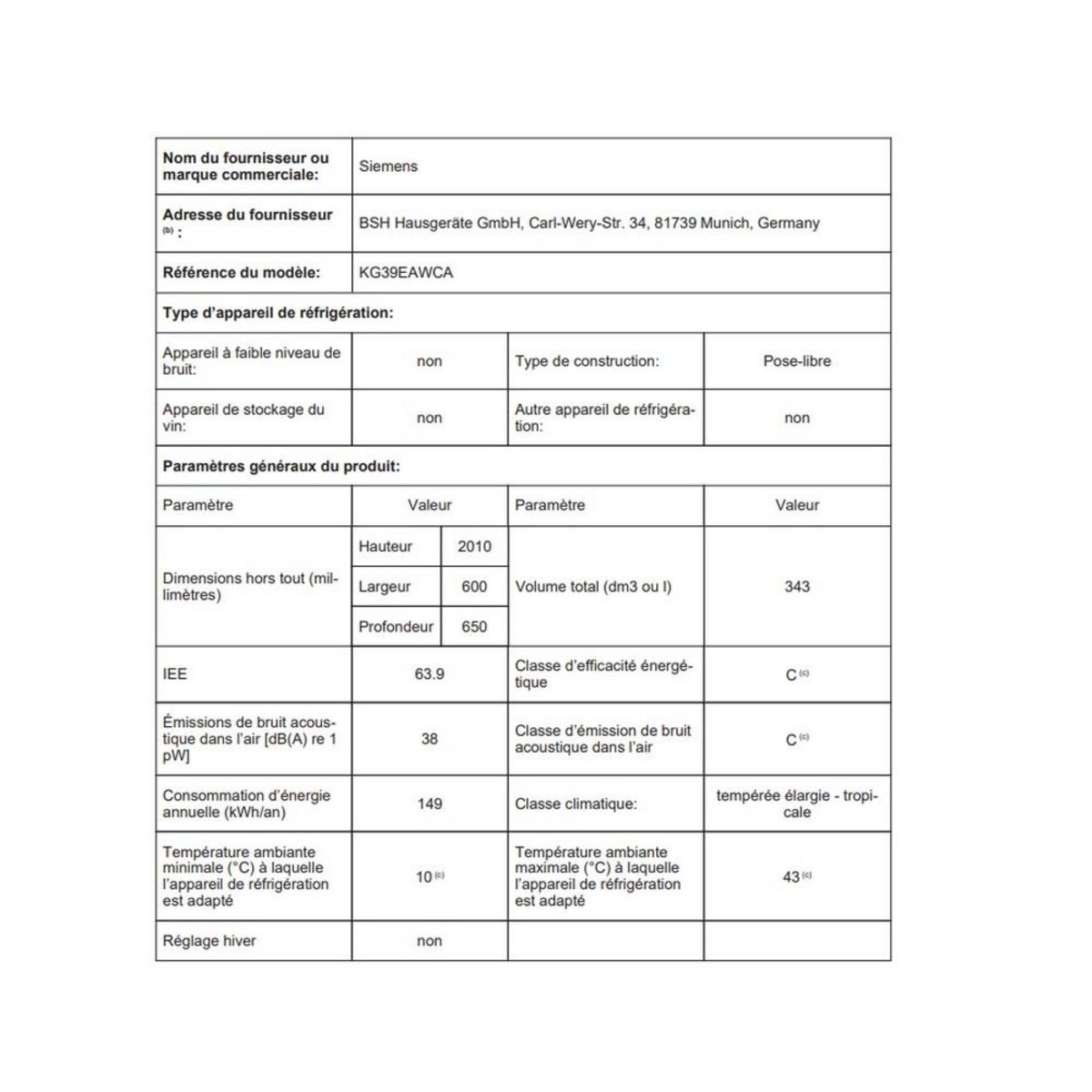 Siemens Réfrigérateur combiné 60cm 337l brassé blanc - kg39eawca