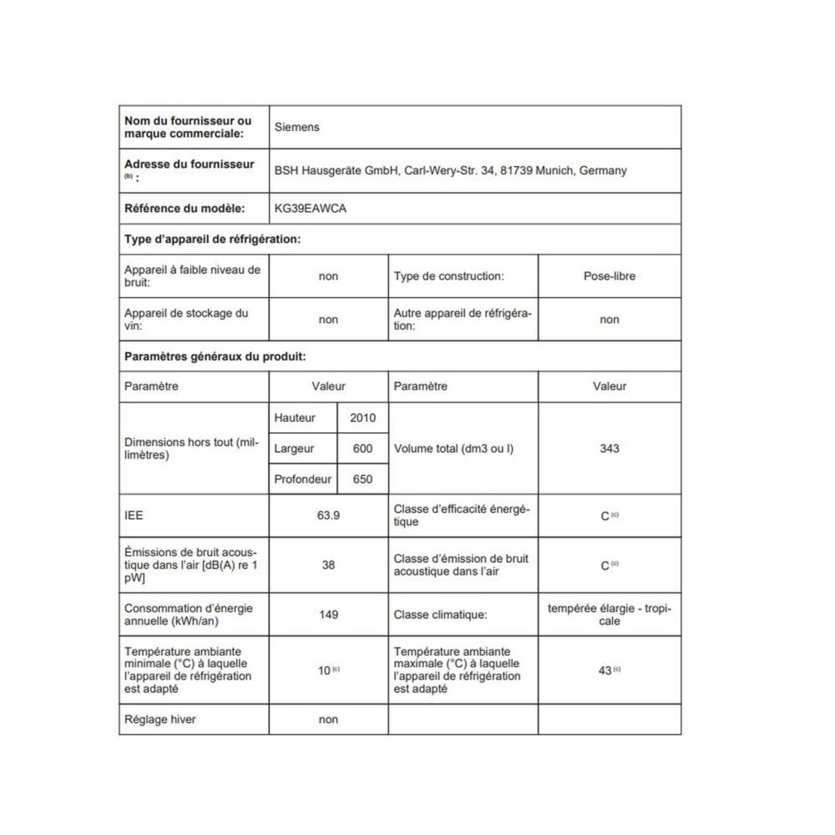 Siemens Réfrigérateur combiné 60cm 337l brassé blanc - kg39eawca