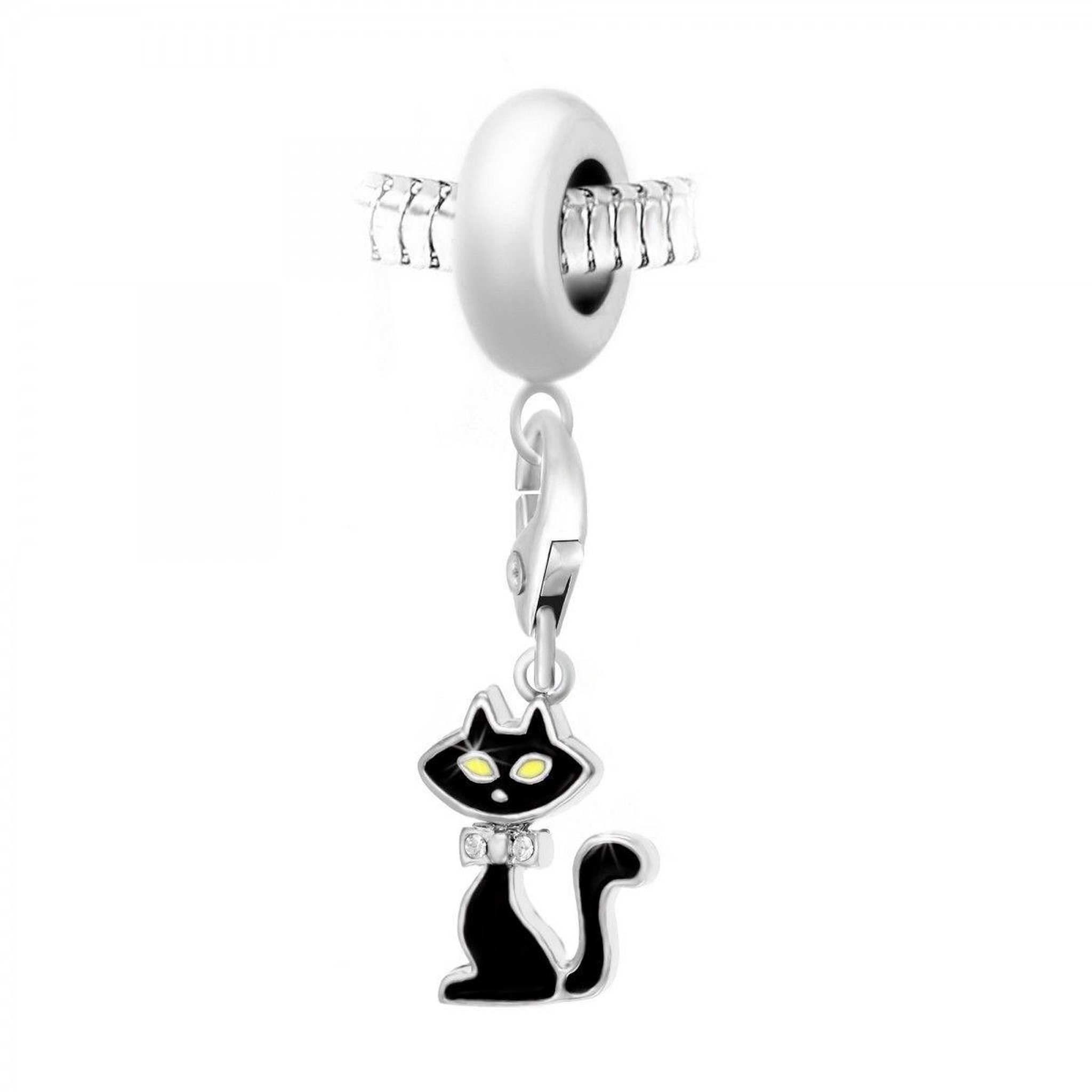 SC CRYSTAL Charm perle SC Crystal en acier avec pendentif chat noir orné de Cristaux scintillants