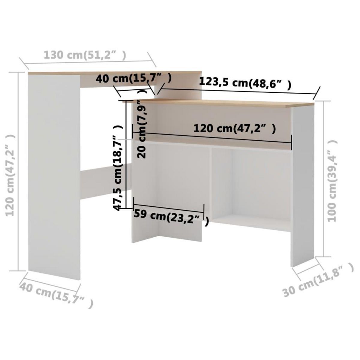 VIDAXL Table de bar avec 2 dessus de table Blanc et chene 130x40x120cm