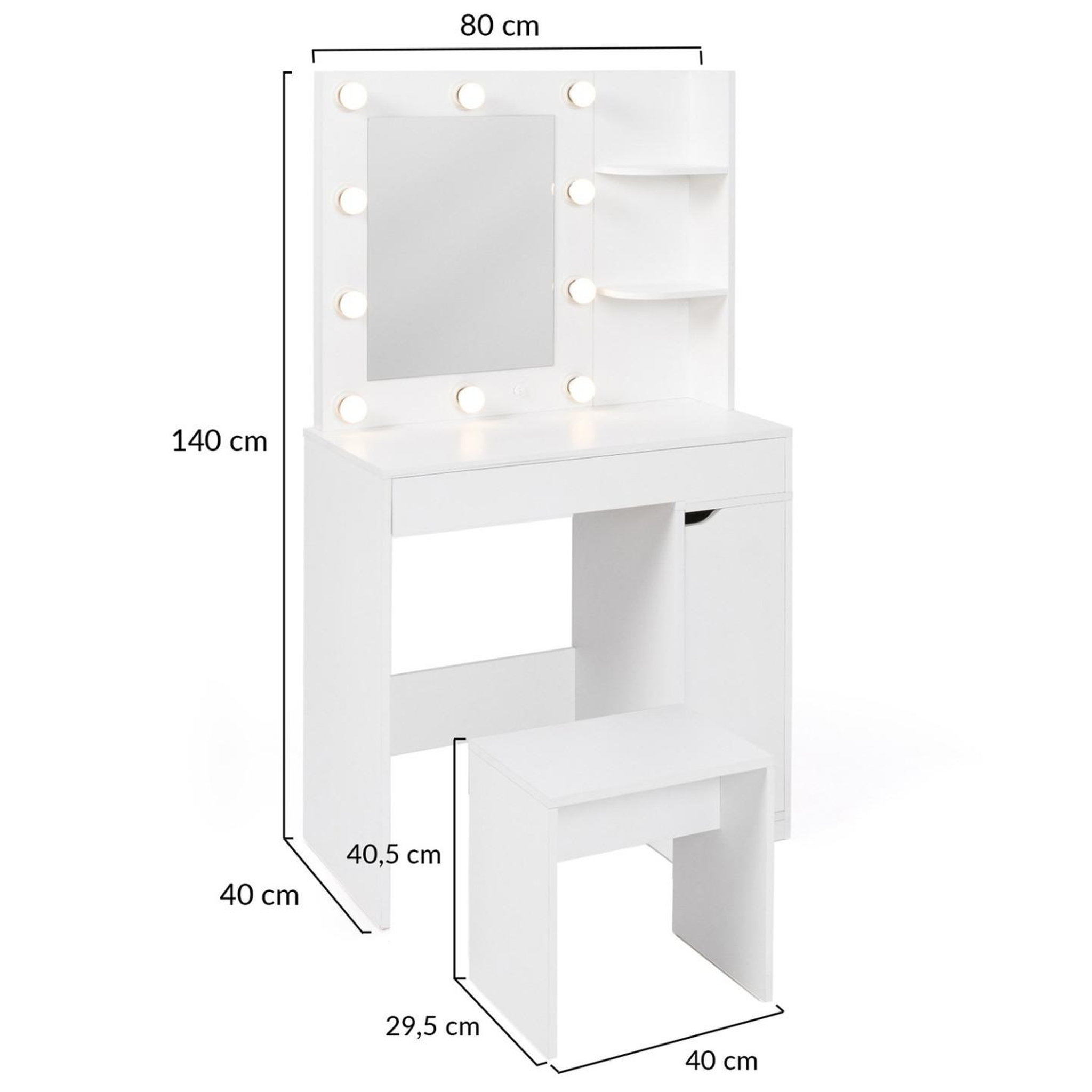 Voir la diapositive 4 : ID MARKET Coiffeuse zelia miroir led avec 1 tiroir, étagères, caisson de rangement et tabouret