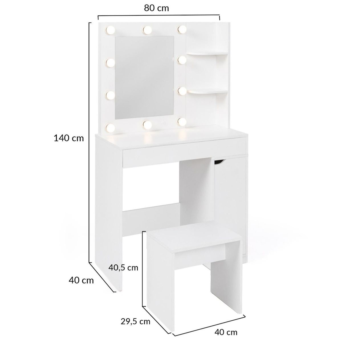 ID MARKET Coiffeuse ZELIA miroir LED avec 1 tiroir, étagères, caisson de rangement et tabouret