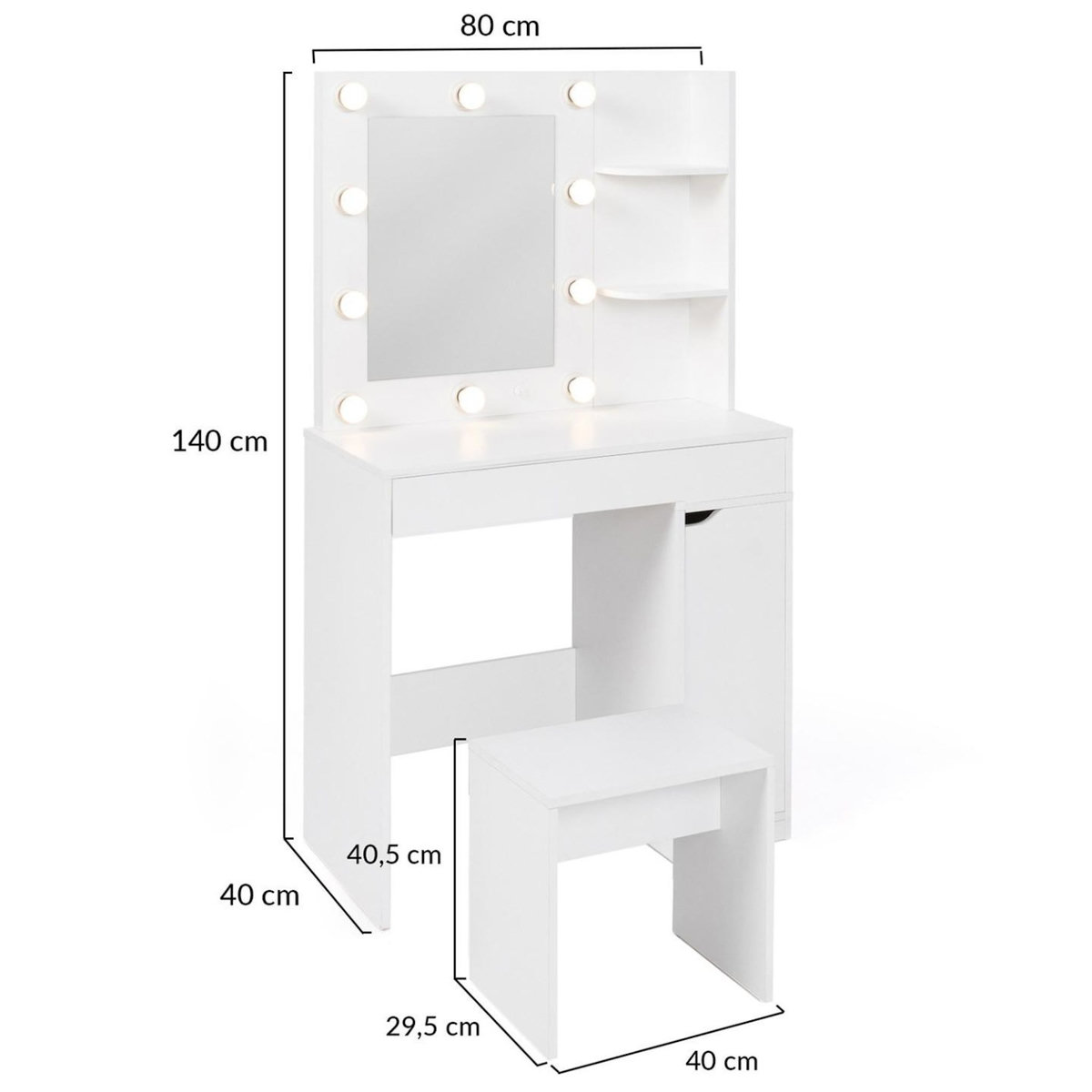 ID MARKET Coiffeuse ZELIA miroir LED avec 1 tiroir, étagères, caisson de rangement et tabouret