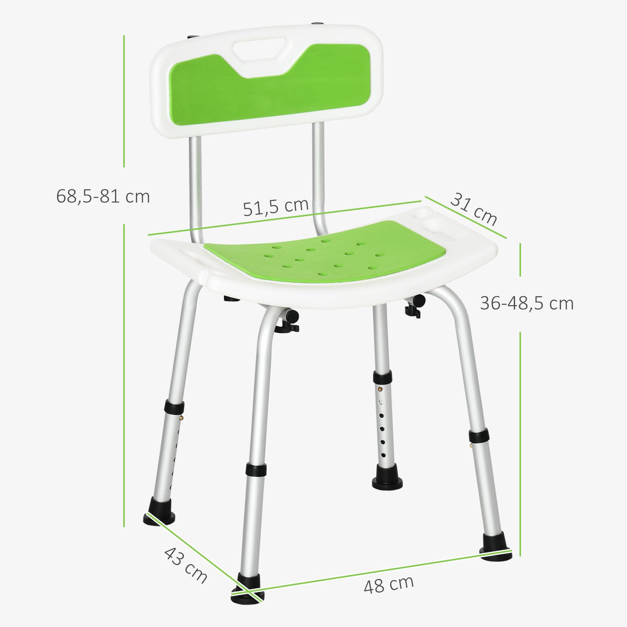 Voir la diapositive 3 : HOMCOM Chaise de douche siège de douche ergonomique hauteur réglable pieds antidérapants charge max. 136 kg alu hdpe vert