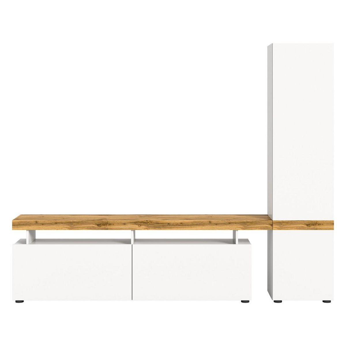 BEST MOBILIER Olivier - meuble tv avec armoire - 3 portes - blanc et effet bois - 235x190 cm