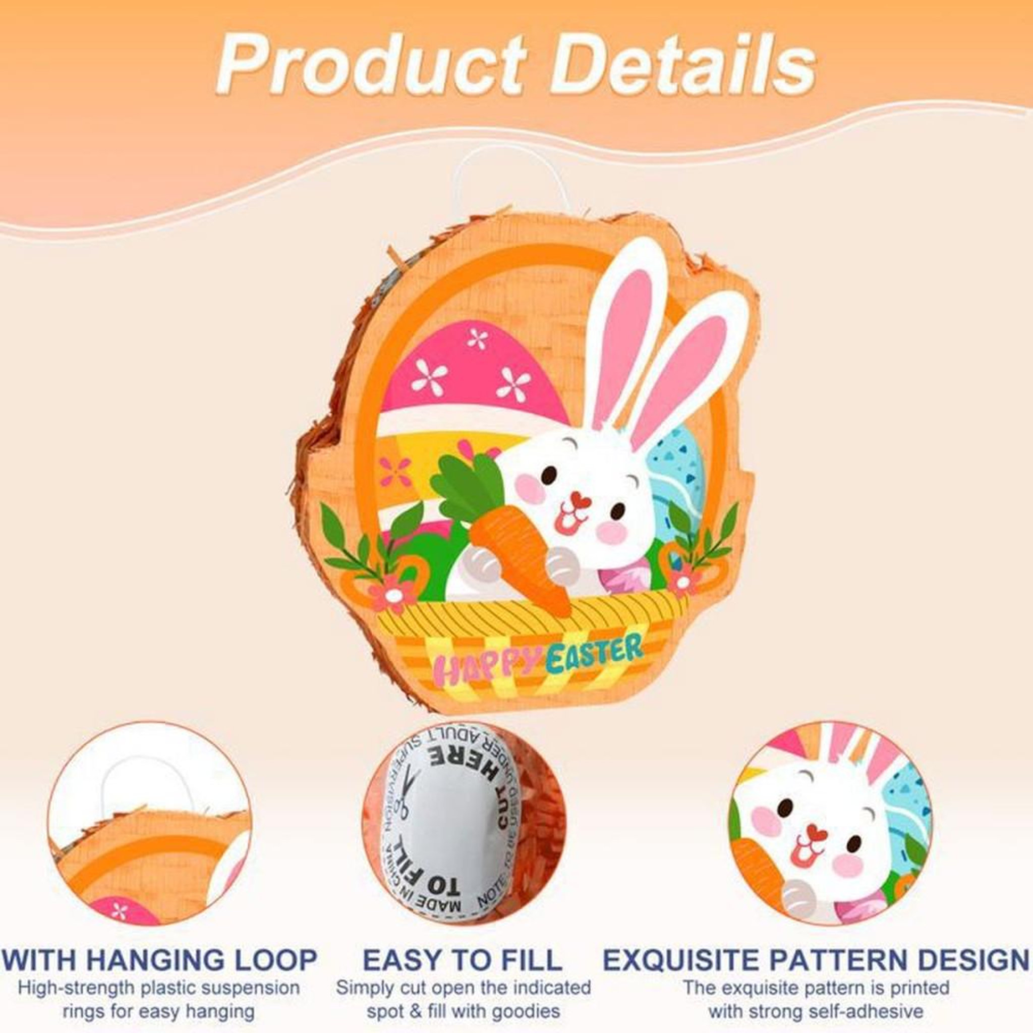 Voir la diapositive 6 : Piñata ronde Lapin de Pâques suspendue multicolore avec masque, bâton et confettis, kit de décoration intérieure 35 cm