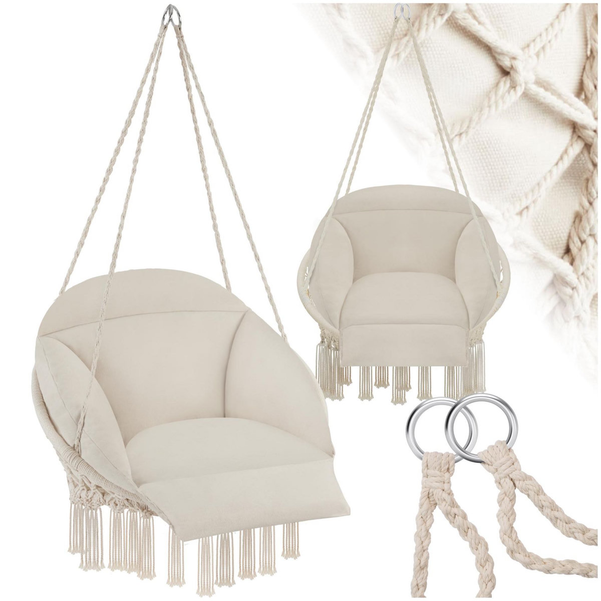 tectake Fauteuil suspendu avec un coussin d'assise épais beige