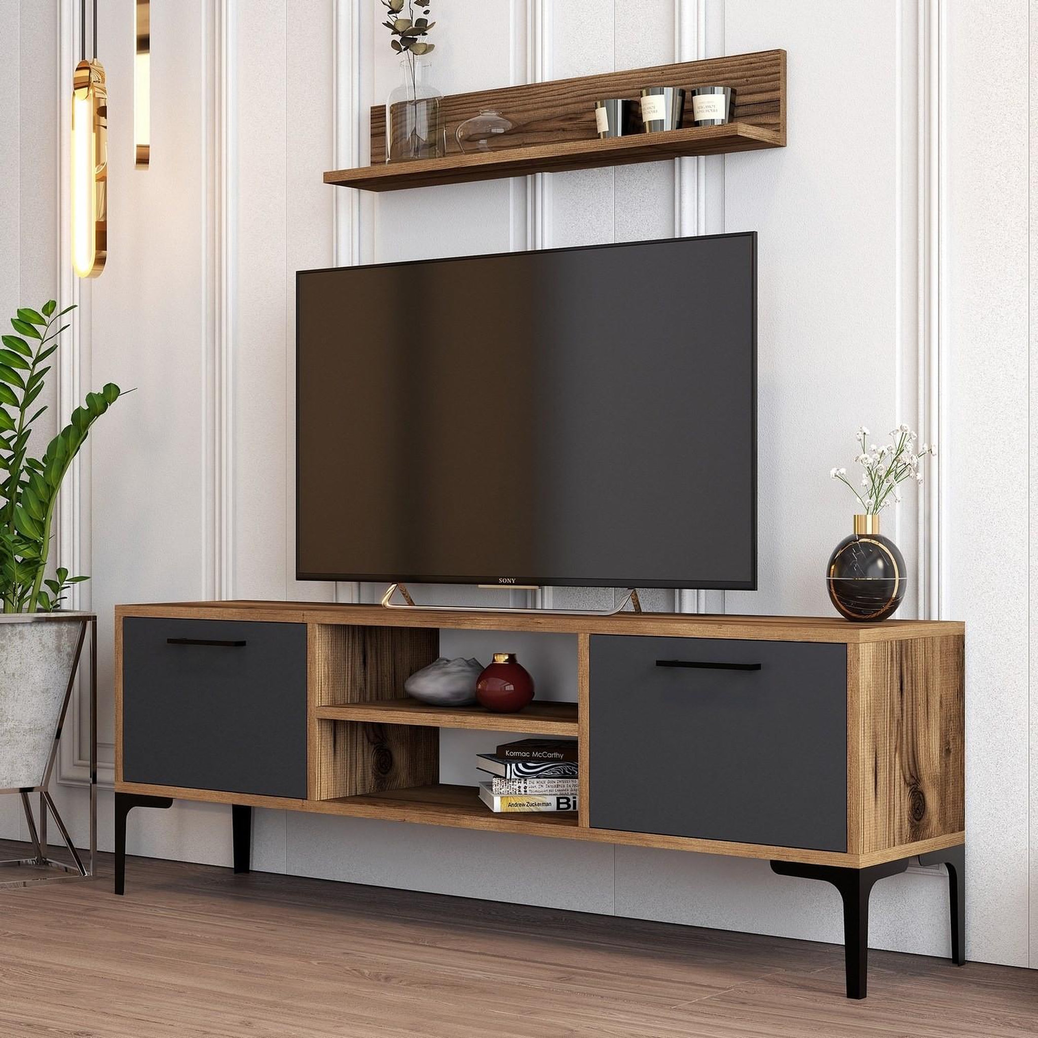 Voir la diapositive 3 : Habitat et Jardin Meuble tv en bois  riga  - 140 x 30 x 48 cm - noyeranthracite