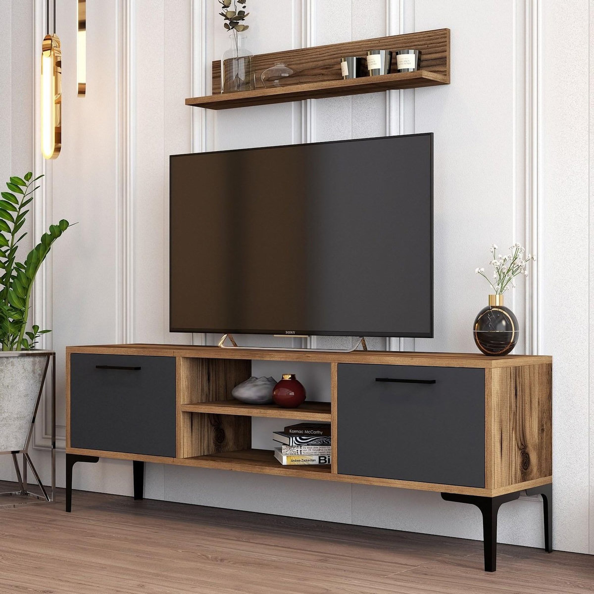 Habitat et Jardin Meuble TV en bois  Riga  - 140 x 30 x 48 cm - NoyerAnthracite