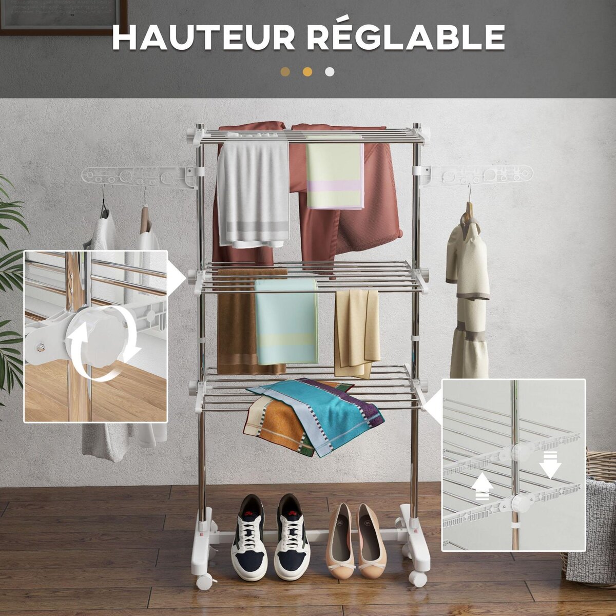 HOMCOM Sechoir à linge étendoir pliable ailes latérales 3 ou 4 niveaux