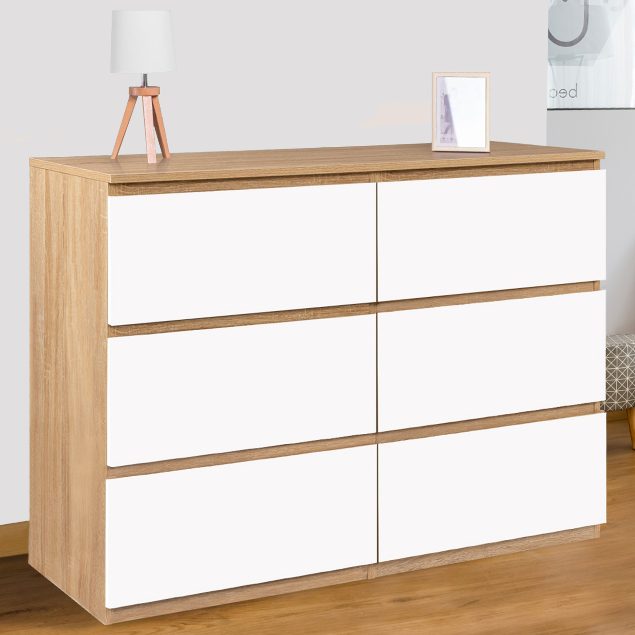 Voir la diapositive 2 : ID MARKET Commode 6 tiroirs tomi 110 cm bois façon hêtre et blanc