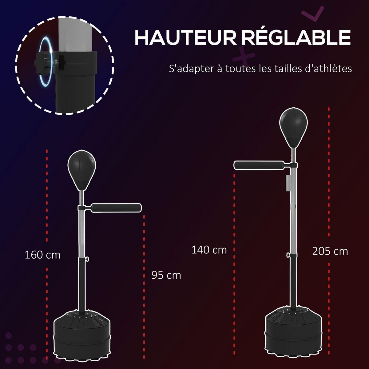 HOMCOM Punching ball avec socle lestable barre de réflexe et pompe - hauteur réglable 160-205 cm - noir
