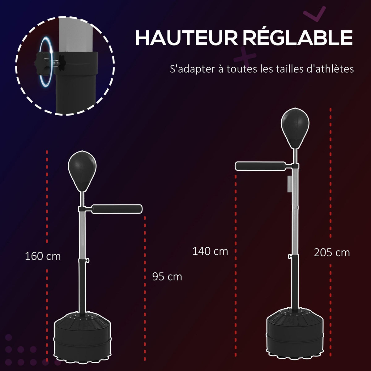 HOMCOM Punching ball avec socle lestable barre de réflexe et pompe - hauteur réglable 160-205 cm - noir