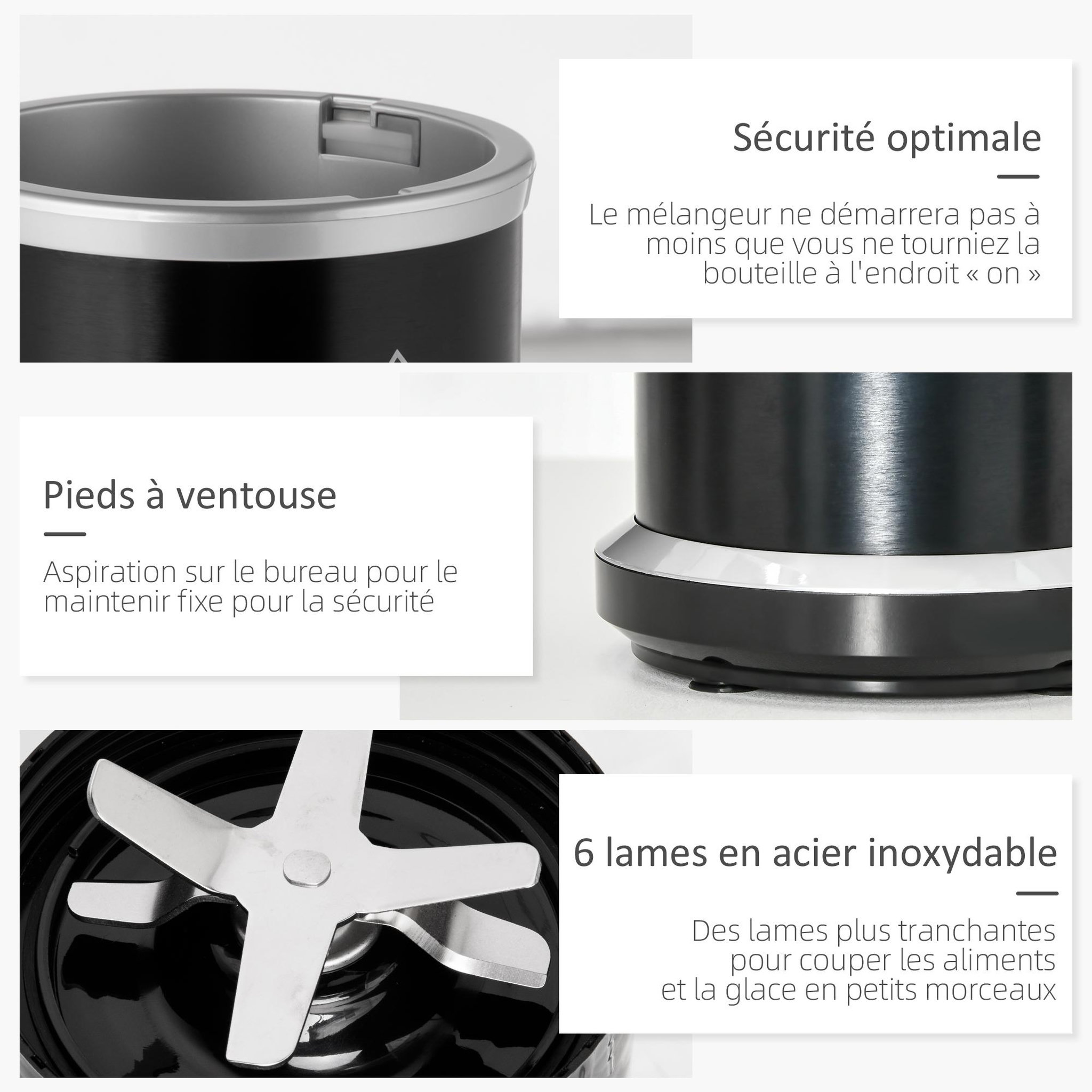 Voir la diapositive 6 : HOMCOM Blender 1000 W - 4 modes - 2 bols 700 ml et 350 ml - système verrouillage sécurité - nettoyage facile - alu. tritan noir