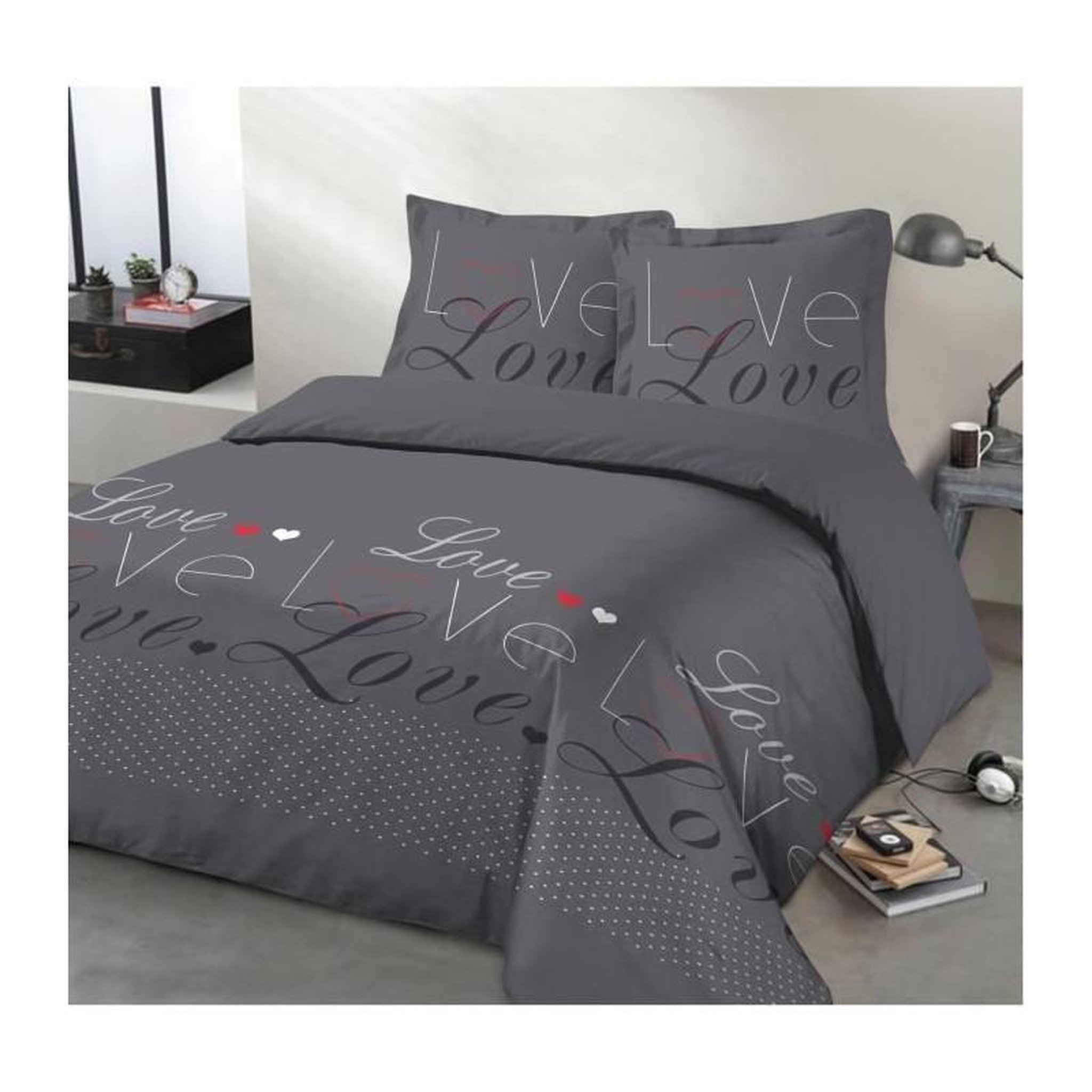 VISION VISION Parure de couette Love - 100% coton - 1 housse de couette 240 x 260 cm + 2 taies d'oreiller 65 x 65 cm - Gris anthracite