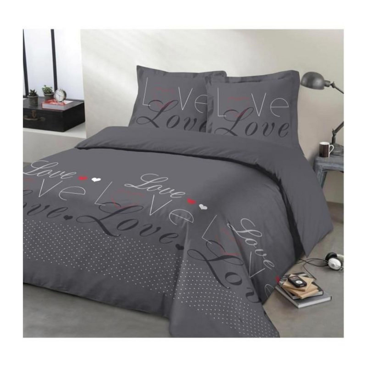 VISION VISION Parure de couette Love - 100% coton - 1 housse de couette 240 x 260 cm + 2 taies d'oreiller 65 x 65 cm - Gris anthracite