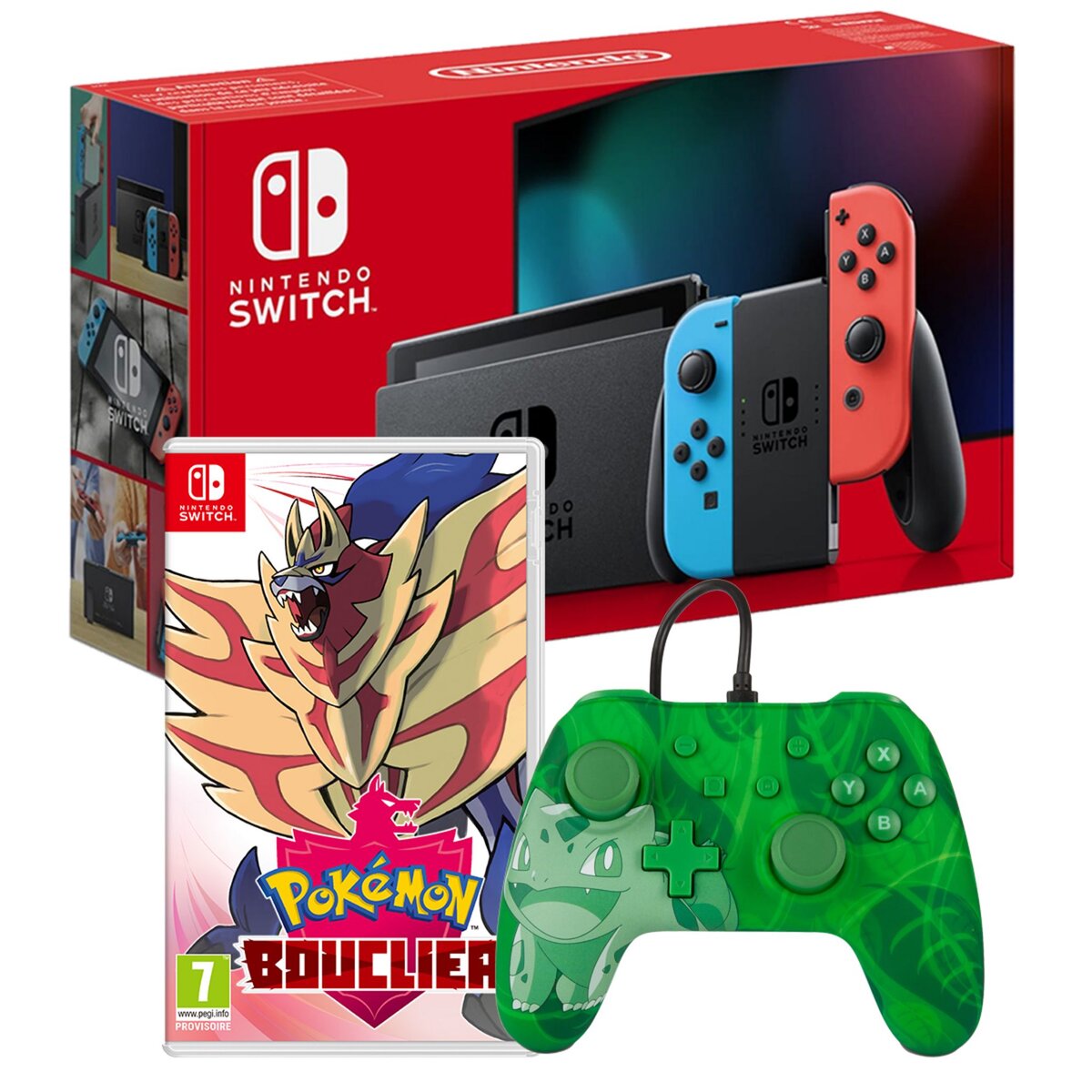 NINTENDO Console Nintendo Switch Joy-Con Bleu et Rouge + Pokémon Bouclier + Manette Filaire Bulbizarre Nintendo Switch
